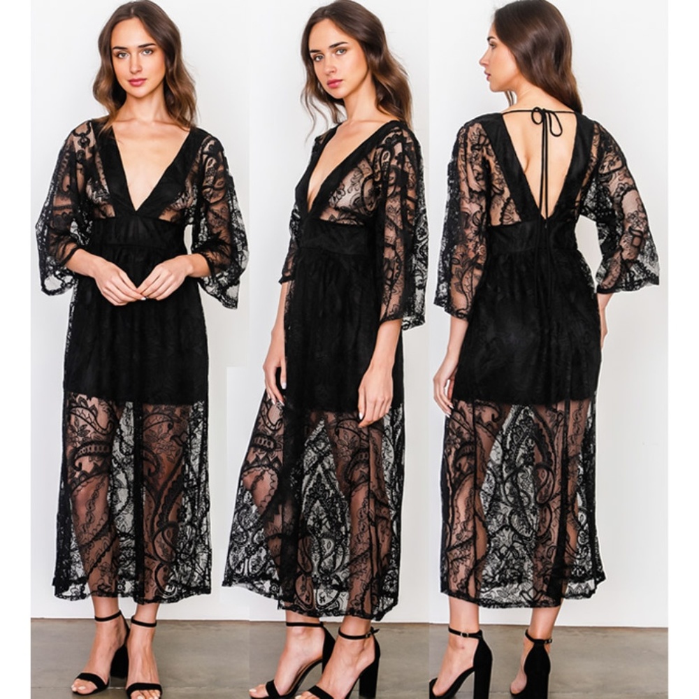 Black Sheer Lace Plunging V Neck Kimono Midi Dress